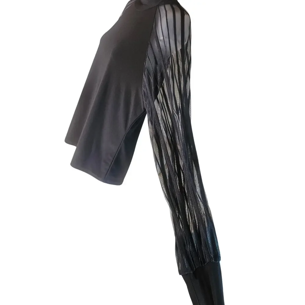 Joseph Ribkoff Black Striped Sheer sleeved Top Sz 14 US Solid cuffs - Picture 4 of 8